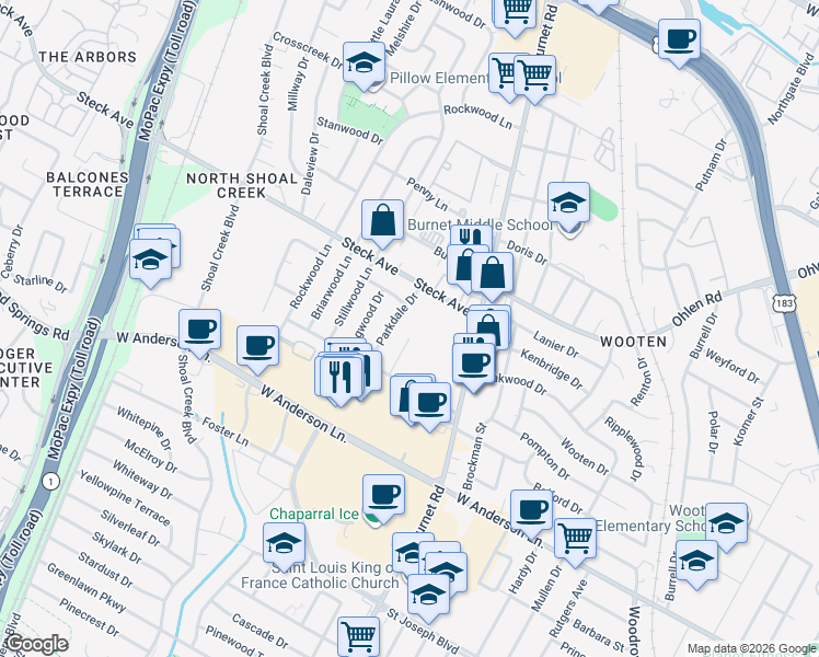 map of restaurants, bars, coffee shops, grocery stores, and more near 8012 Pinedale Cove in Austin