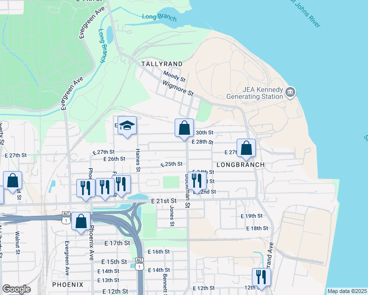 map of restaurants, bars, coffee shops, grocery stores, and more near 1623 East 27th Street in Jacksonville
