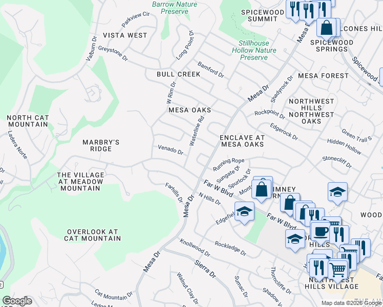 map of restaurants, bars, coffee shops, grocery stores, and more near 7109 Waterline Road in Austin
