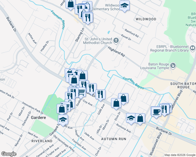 map of restaurants, bars, coffee shops, grocery stores, and more near 9502 Summer Pointe Avenue in Baton Rouge