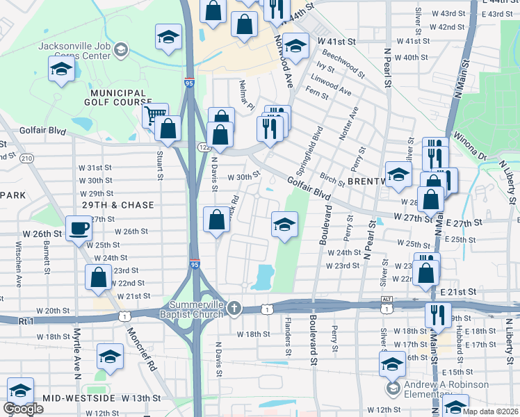 map of restaurants, bars, coffee shops, grocery stores, and more near 3661 Brentwood Avenue in Jacksonville