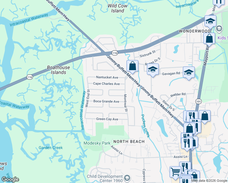 map of restaurants, bars, coffee shops, grocery stores, and more near 1144 Sebago Avenue North in Jacksonville