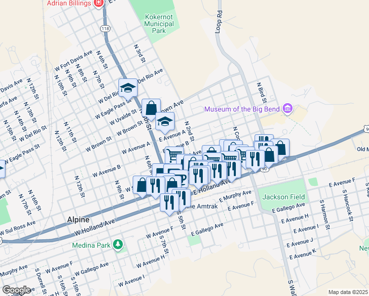 map of restaurants, bars, coffee shops, grocery stores, and more near 408 North 3rd Street in Alpine
