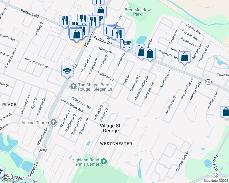 map of restaurants, bars, coffee shops, grocery stores, and more near 1742 Stafford Drive in Baton Rouge