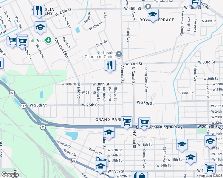 map of restaurants, bars, coffee shops, grocery stores, and more near 3819 Penton Street in Jacksonville