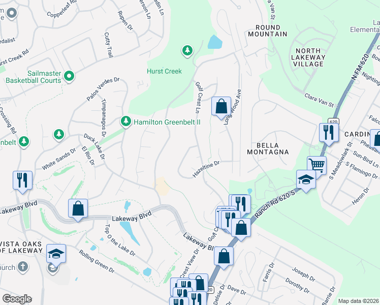 map of restaurants, bars, coffee shops, grocery stores, and more near 408 Hazeltine Drive in Lakeway