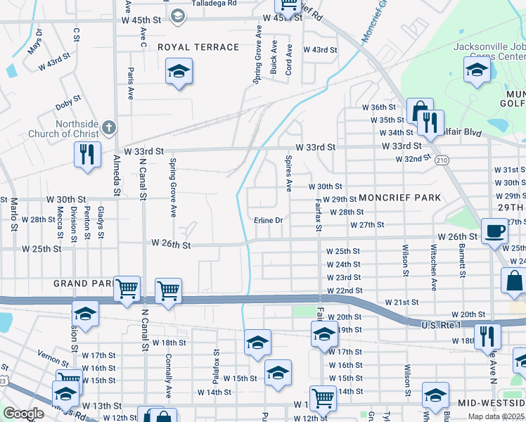 map of restaurants, bars, coffee shops, grocery stores, and more near 1964 Leonard Circle West in Jacksonville