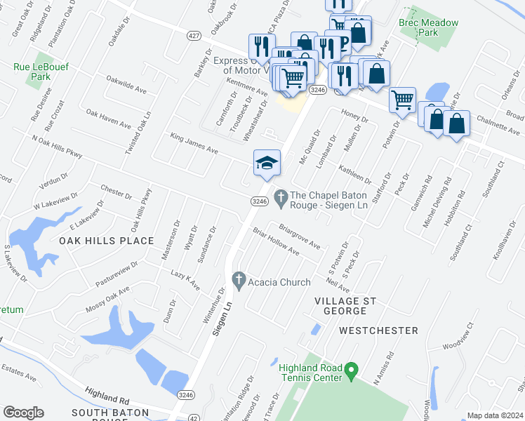map of restaurants, bars, coffee shops, grocery stores, and more near 9621 Siegen Lane in Baton Rouge
