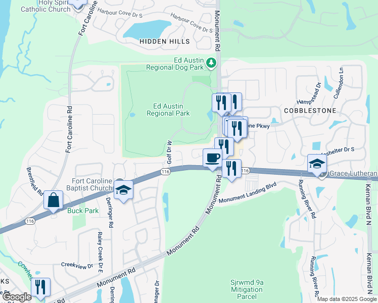 map of restaurants, bars, coffee shops, grocery stores, and more near 12760 Ashbrook Circle West in Jacksonville