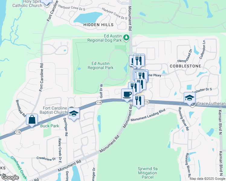 map of restaurants, bars, coffee shops, grocery stores, and more near 12760 Ashbrook Circle West in Jacksonville