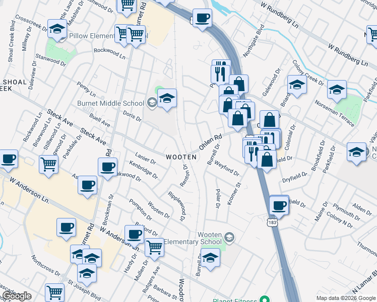 map of restaurants, bars, coffee shops, grocery stores, and more near 1809 Ohlen Road in Austin