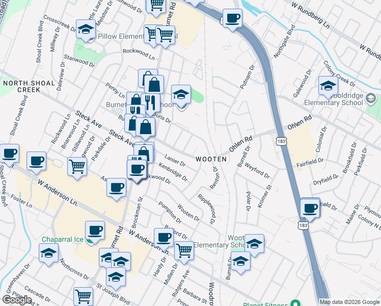 map of restaurants, bars, coffee shops, grocery stores, and more near 8300 Cochrane Cove in Austin