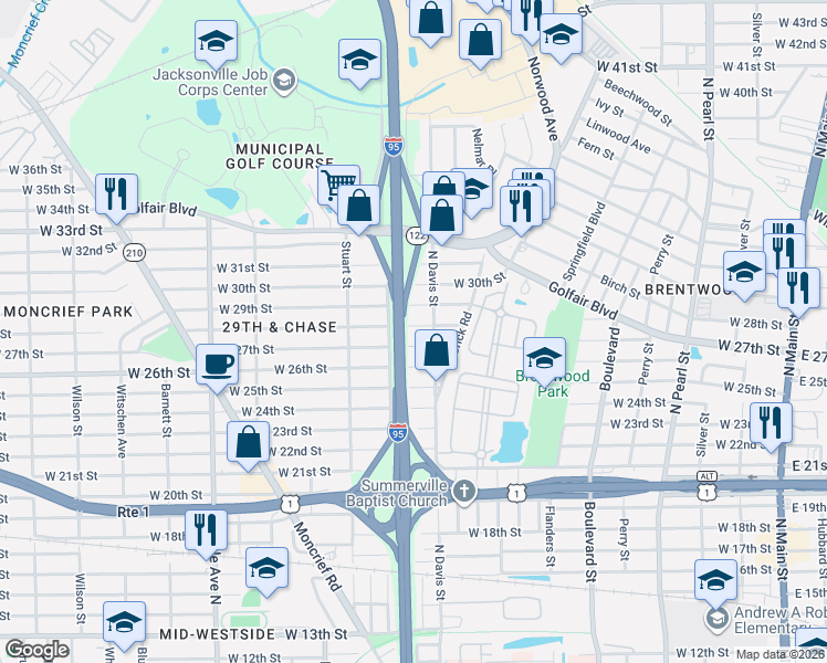 map of restaurants, bars, coffee shops, grocery stores, and more near 3716 North Davis Street in Jacksonville