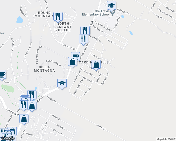 map of restaurants, bars, coffee shops, grocery stores, and more near 15204 Sun-Bird Lane in Austin
