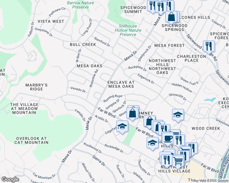 map of restaurants, bars, coffee shops, grocery stores, and more near 7203 Running Rope Circle in Austin