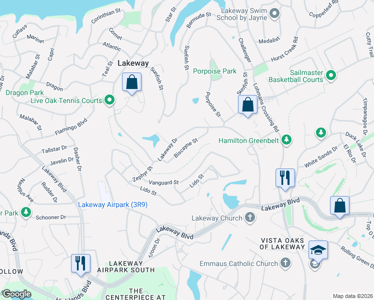 map of restaurants, bars, coffee shops, grocery stores, and more near 913 Biscayne Street in Lakeway