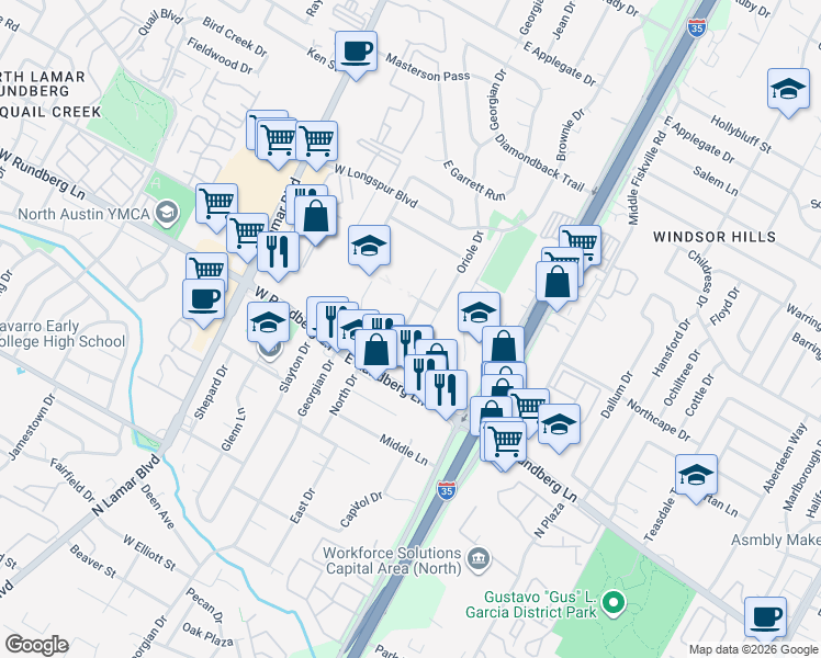 map of restaurants, bars, coffee shops, grocery stores, and more near 9503 North Creek Drive in Austin