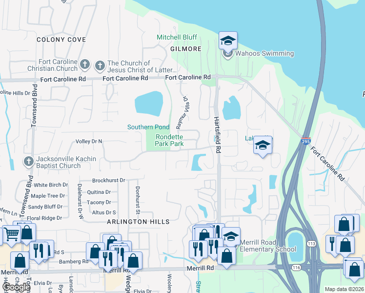 map of restaurants, bars, coffee shops, grocery stores, and more near 8039 International Village Drive in Jacksonville