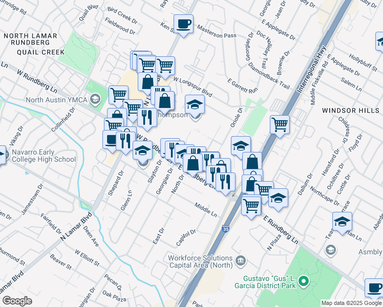 map of restaurants, bars, coffee shops, grocery stores, and more near 204 East Rundberg Lane in Austin