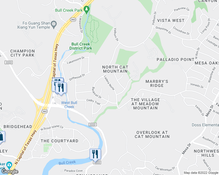 map of restaurants, bars, coffee shops, grocery stores, and more near 6516 Ladera Norte in Austin