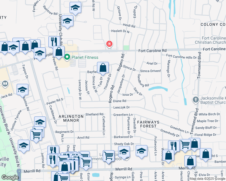 map of restaurants, bars, coffee shops, grocery stores, and more near 3417 Rogero Road in Jacksonville