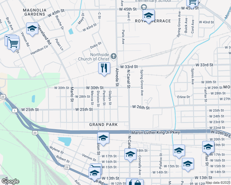 map of restaurants, bars, coffee shops, grocery stores, and more near 3818 Almeda Street in Jacksonville