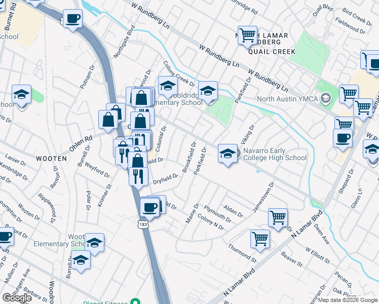 map of restaurants, bars, coffee shops, grocery stores, and more near 8706 Brookfield Drive in Austin