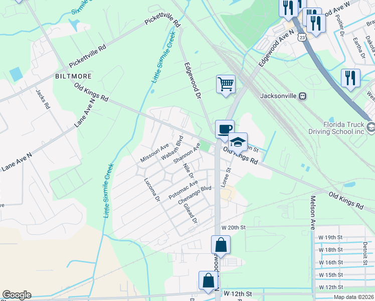 map of restaurants, bars, coffee shops, grocery stores, and more near 5133 Shannon Avenue in Jacksonville