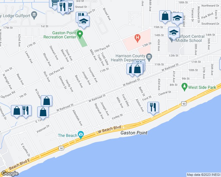 map of restaurants, bars, coffee shops, grocery stores, and more near 4600 West Railroad Street in Gulfport
