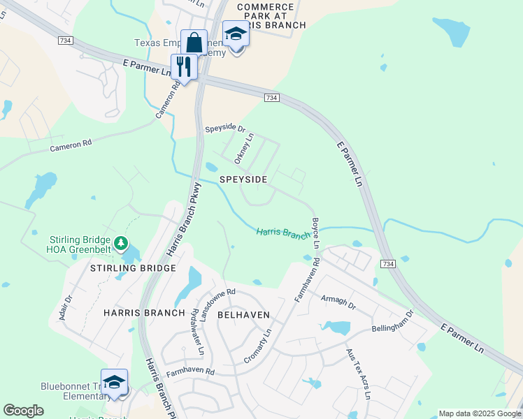map of restaurants, bars, coffee shops, grocery stores, and more near 11932 Kilmartin Lane in Austin