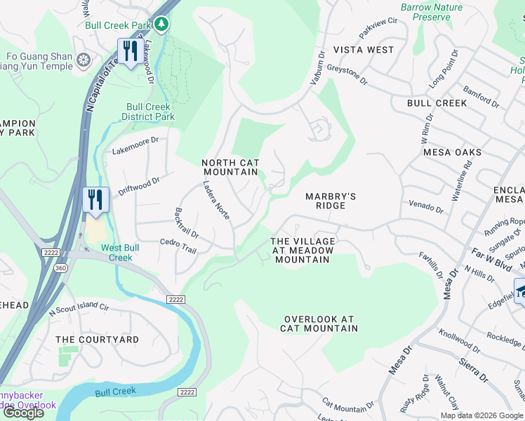 map of restaurants, bars, coffee shops, grocery stores, and more near 6605 Cat Creek Trail in Austin