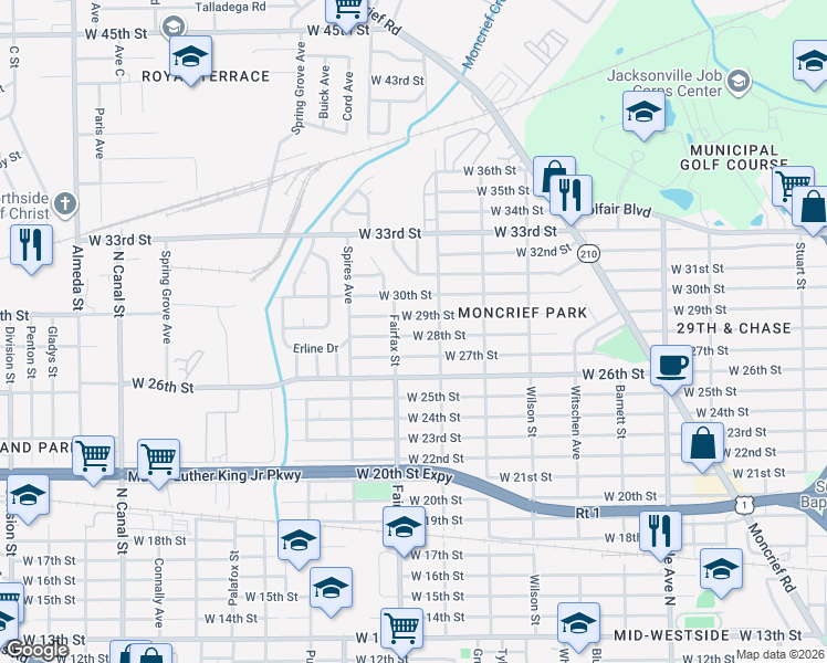map of restaurants, bars, coffee shops, grocery stores, and more near 1737 West 28th Street in Jacksonville