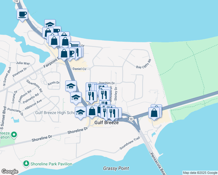 map of restaurants, bars, coffee shops, grocery stores, and more near 116 McClure Drive in Gulf Breeze
