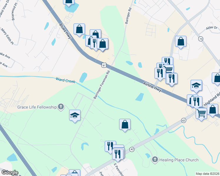 map of restaurants, bars, coffee shops, grocery stores, and more near 9601-9999 Barringer Foreman Rd in Baton Rouge