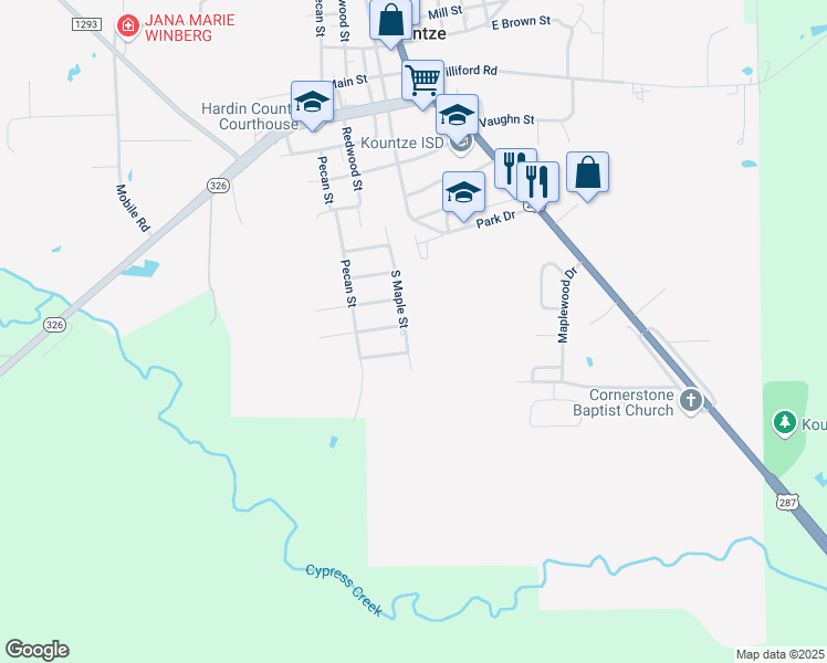 map of restaurants, bars, coffee shops, grocery stores, and more near 1705 South Maple Street in Kountze
