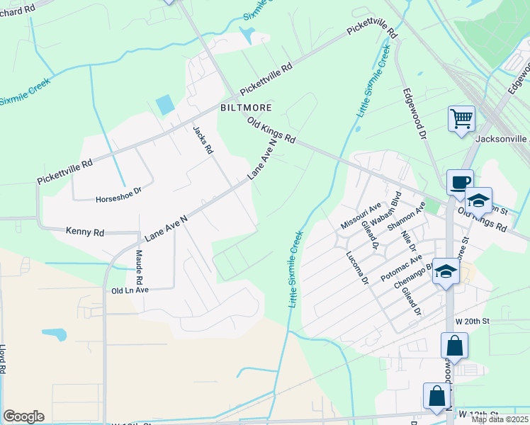 map of restaurants, bars, coffee shops, grocery stores, and more near 3036 Walter Road in Jacksonville