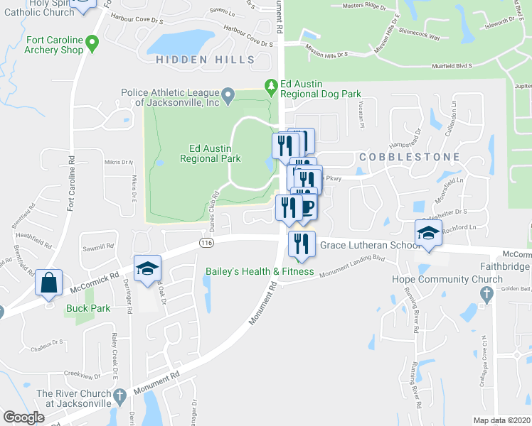 map of restaurants, bars, coffee shops, grocery stores, and more near 11876 Ashbrook Circle North in Jacksonville