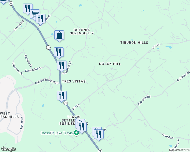 map of restaurants, bars, coffee shops, grocery stores, and more near 21413 Vista Estates Drive in Spicewood