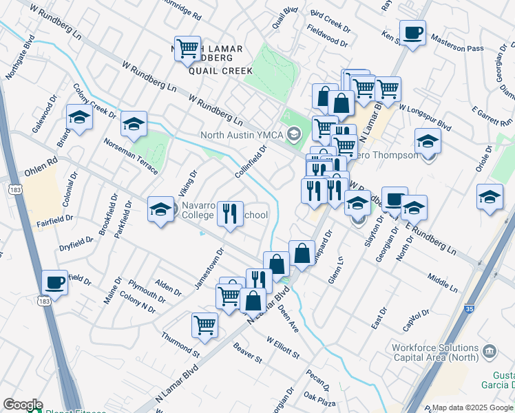 map of restaurants, bars, coffee shops, grocery stores, and more near 9011 Quail Creek Drive in Austin