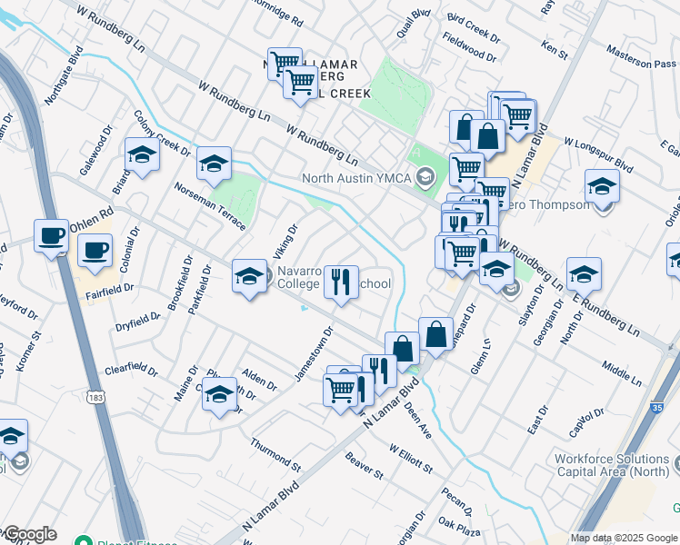 map of restaurants, bars, coffee shops, grocery stores, and more near 9003 Blue Quail Drive in Austin