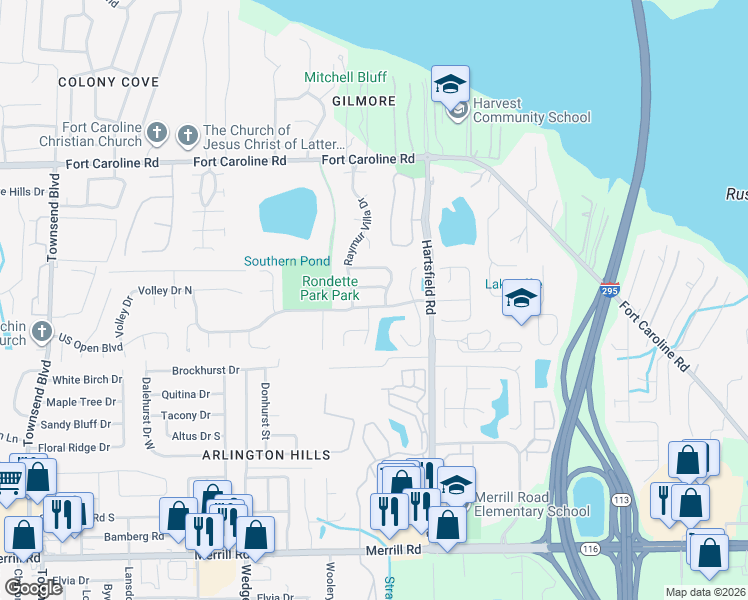 map of restaurants, bars, coffee shops, grocery stores, and more near 8039 International Village Drive in Jacksonville