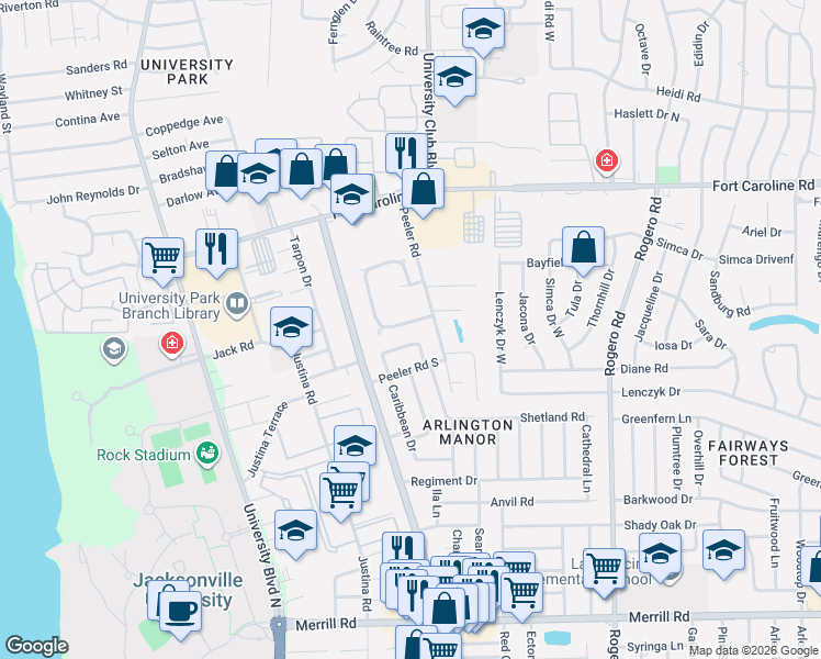 map of restaurants, bars, coffee shops, grocery stores, and more near 3325 Caribbean Court West in Jacksonville