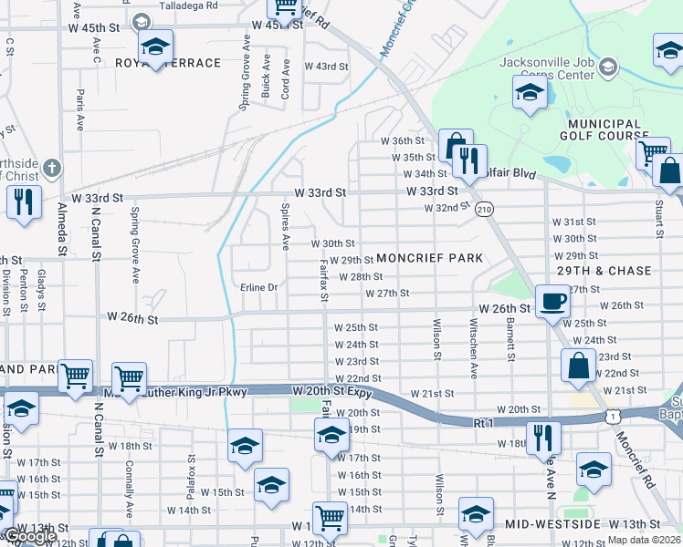 map of restaurants, bars, coffee shops, grocery stores, and more near 1731 West 28th Street in Jacksonville