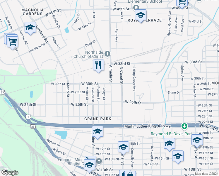 map of restaurants, bars, coffee shops, grocery stores, and more near 3818 Almeda Street in Jacksonville