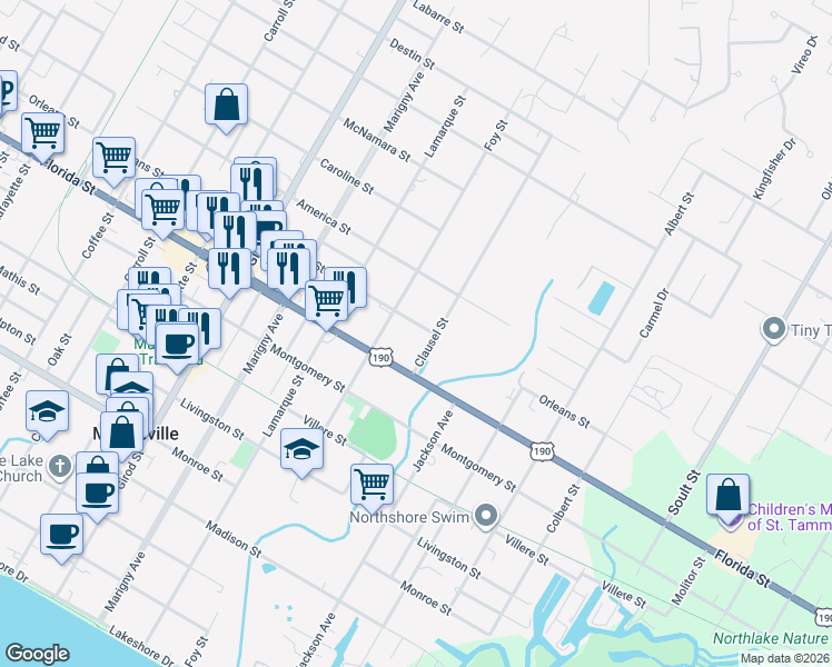 map of restaurants, bars, coffee shops, grocery stores, and more near 1660 Orleans Street in Mandeville