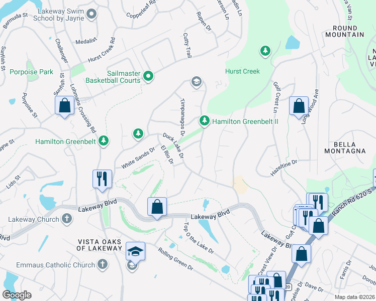 map of restaurants, bars, coffee shops, grocery stores, and more near 104 Fallbrook Court in Lakeway