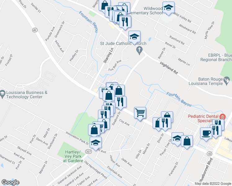 map of restaurants, bars, coffee shops, grocery stores, and more near 8474 Bayou Fountain Avenue in Baton Rouge