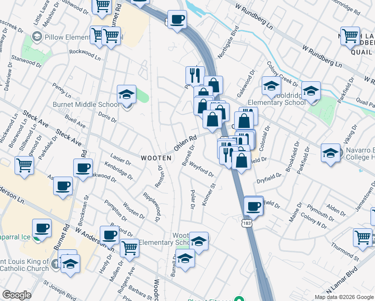 map of restaurants, bars, coffee shops, grocery stores, and more near 8506 Burrell Drive in Austin