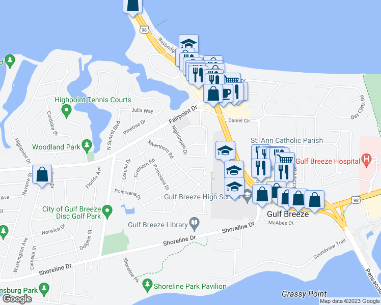 map of restaurants, bars, coffee shops, grocery stores, and more near 158 Russ Drive in Gulf Breeze