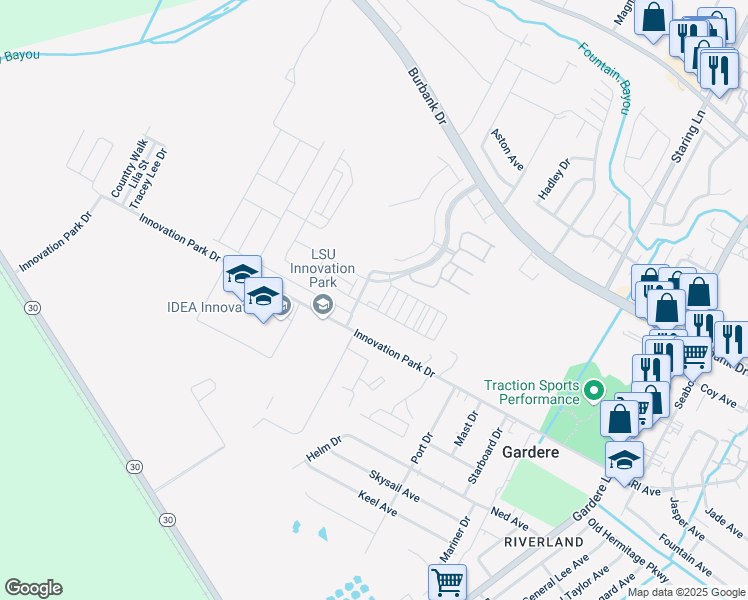 map of restaurants, bars, coffee shops, grocery stores, and more near 1440 Pelican Club Drive in Baton Rouge